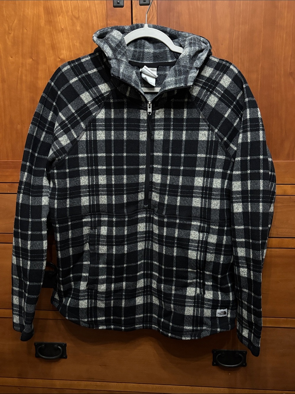 The North Face Black and Gray Plaid Half-Zip Hooded Fleece Jacket
